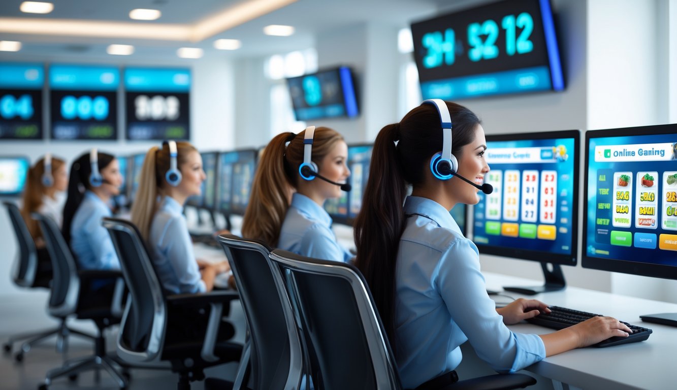Pusat layanan pelanggan dengan staf yang ramah sedang bekerja di depan komputer, menunjukkan layanan online 24 jam untuk judi togel.