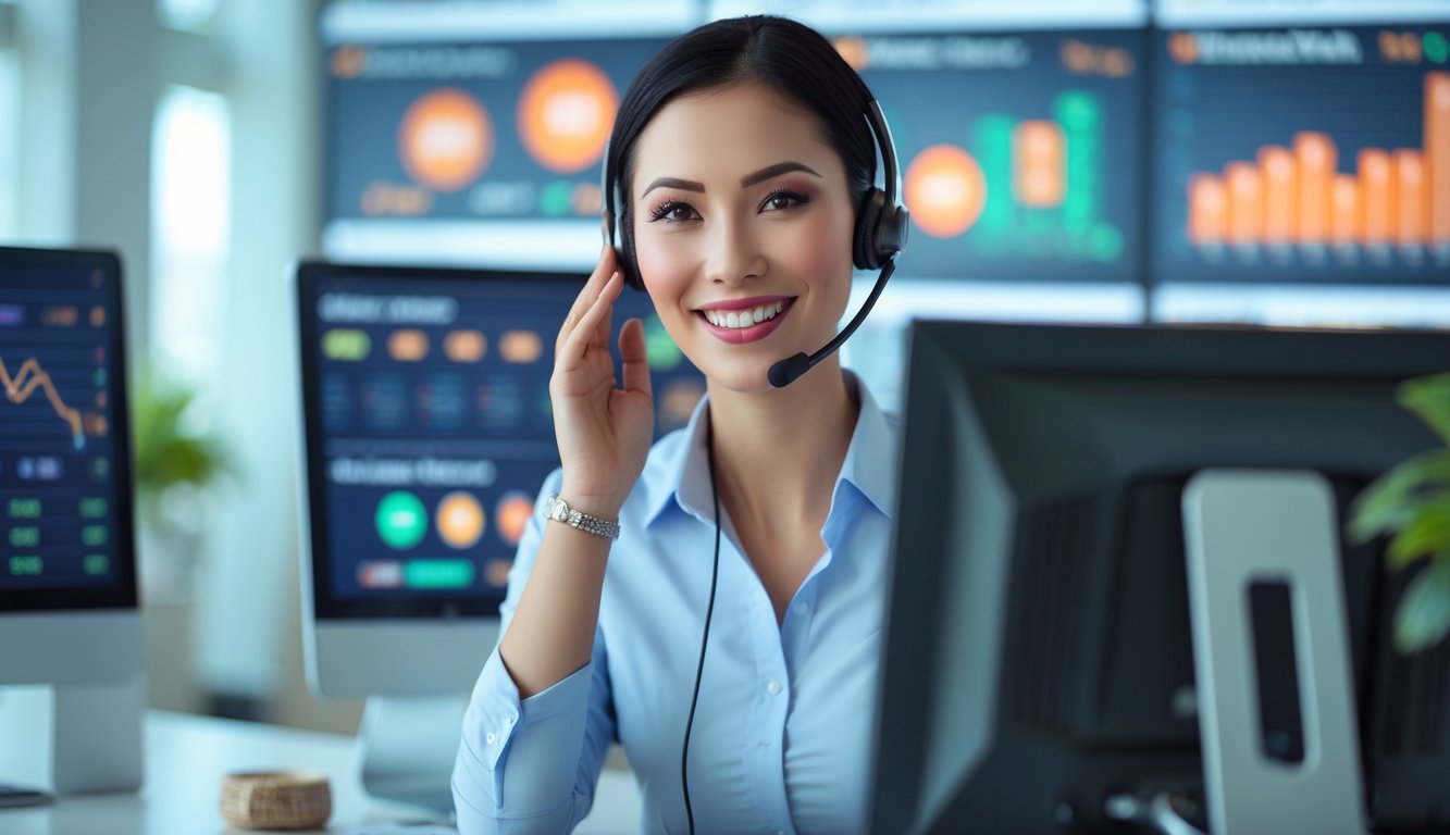 Seorang petugas layanan pelanggan yang tersenyum mengenakan headset di kantor modern dengan beberapa layar komputer di latar belakang.