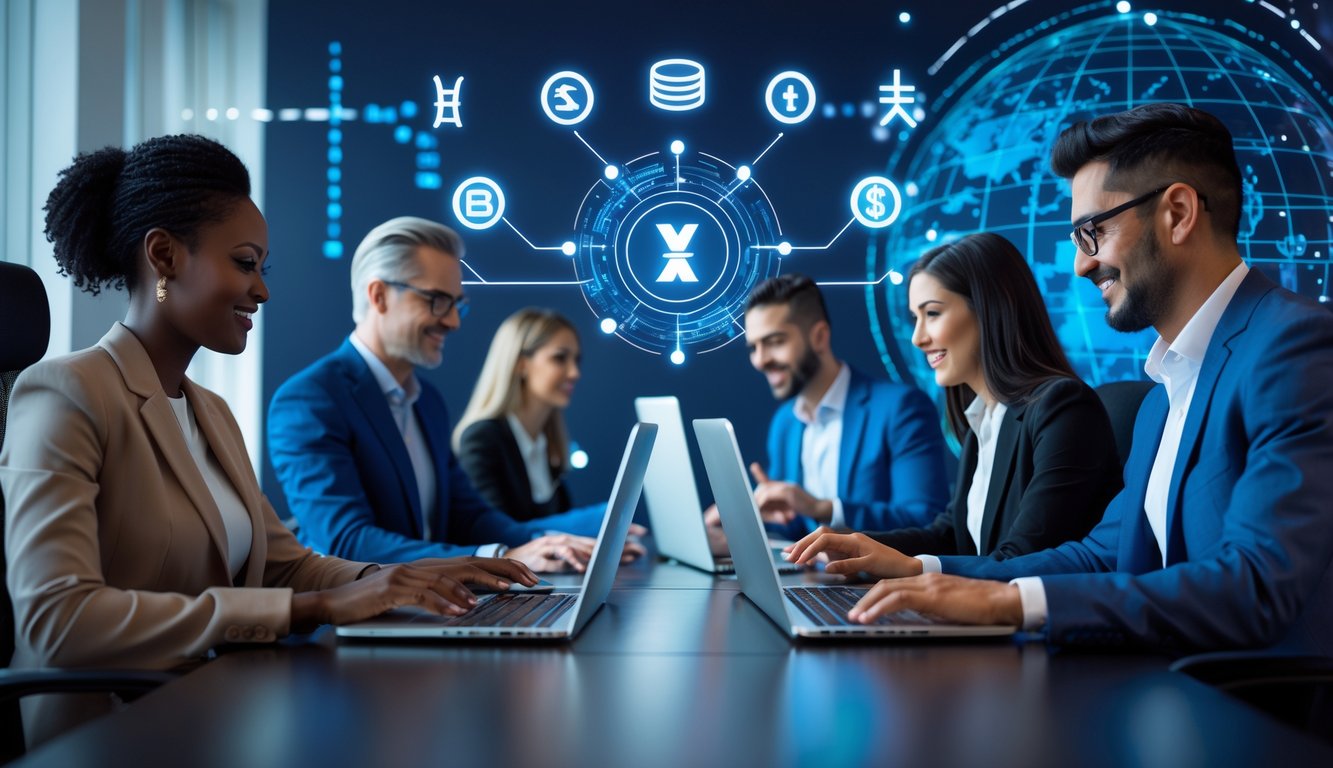 Sekelompok orang dewasa menggunakan laptop dan ponsel di meja kantor modern dengan latar belakang simbol transaksi online dan zodiak.