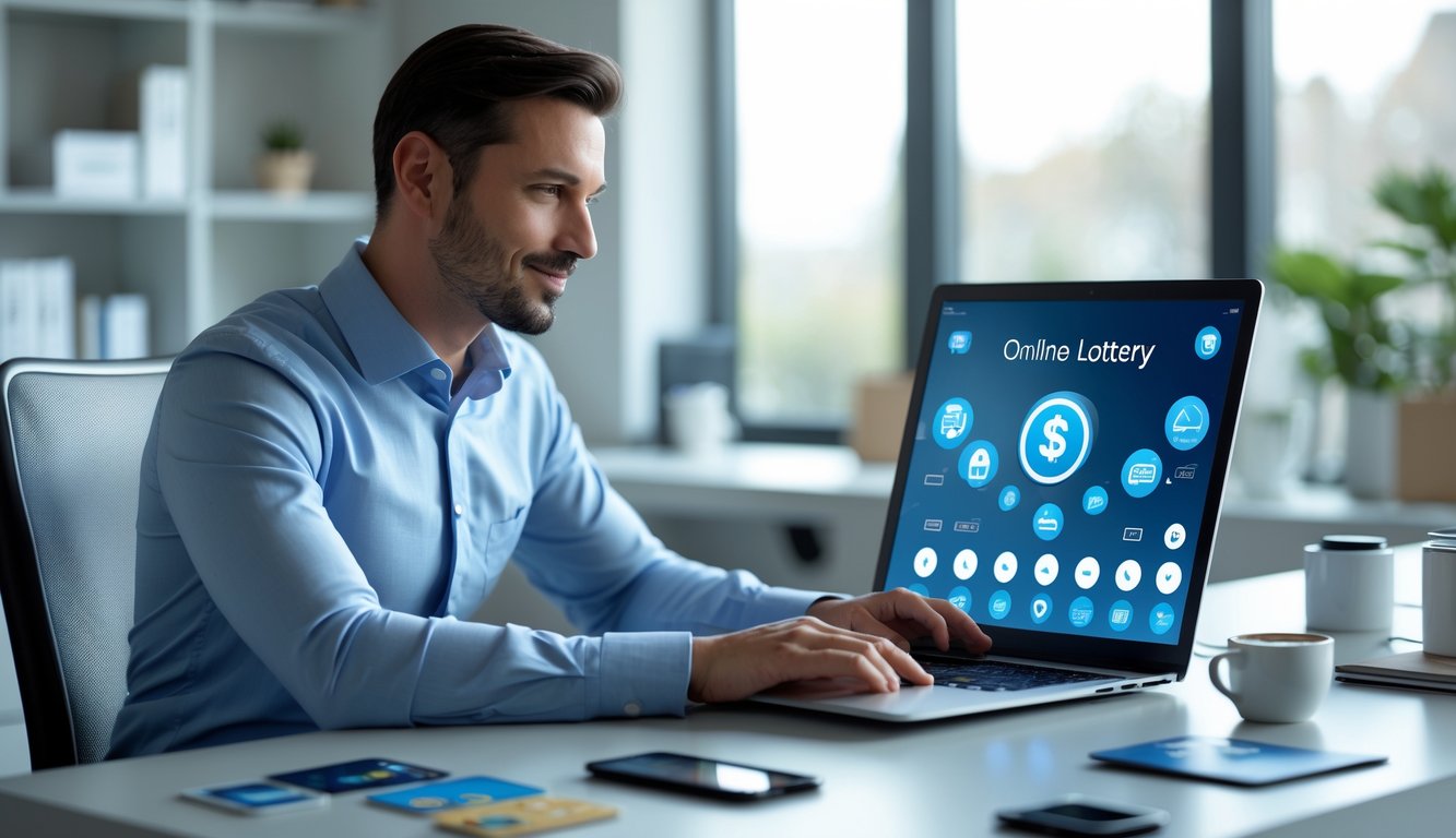 Seorang agen judi togel online terlihat sedang bekerja di meja kantor dengan laptop dan perangkat digital, menunjukkan suasana kerja yang profesional dan terpercaya.