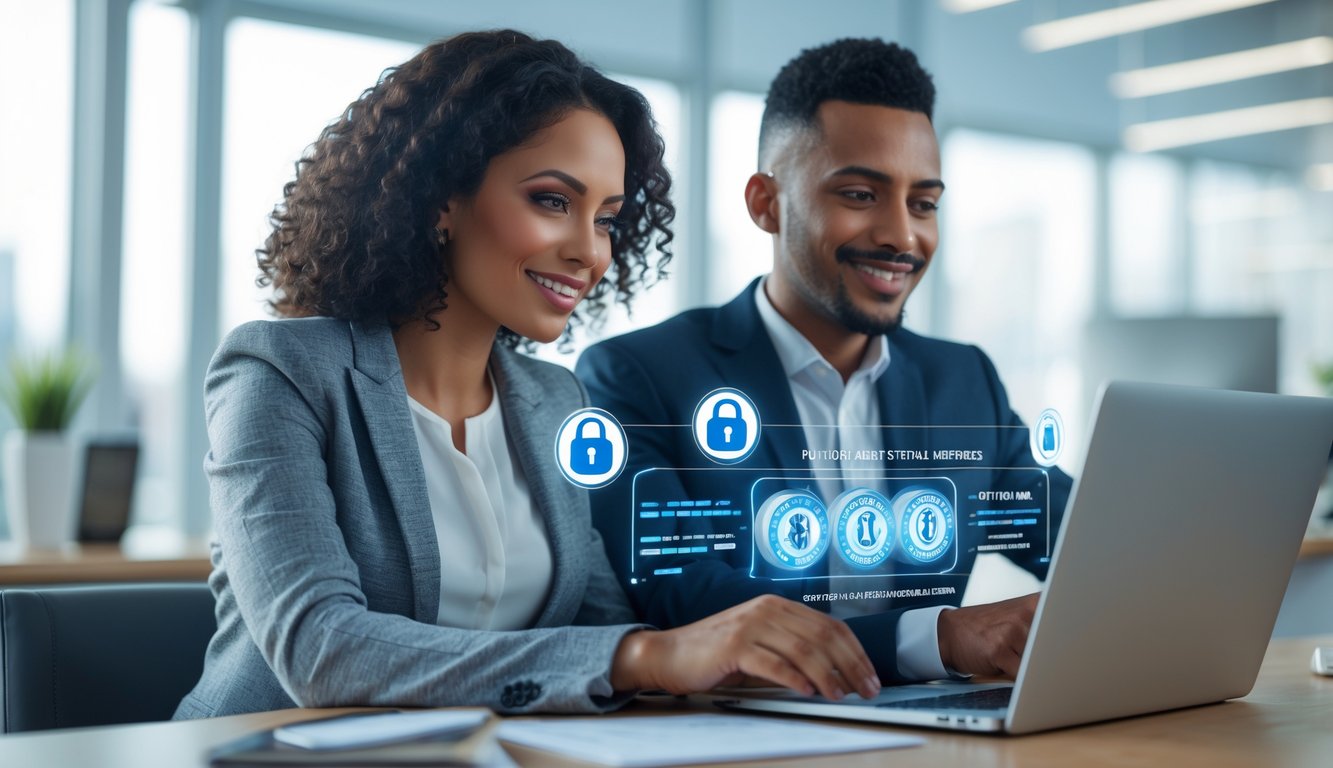 Seorang pria dan wanita di kantor modern menggunakan laptop untuk aktivitas judi togel online dengan suasana yang aman dan profesional.