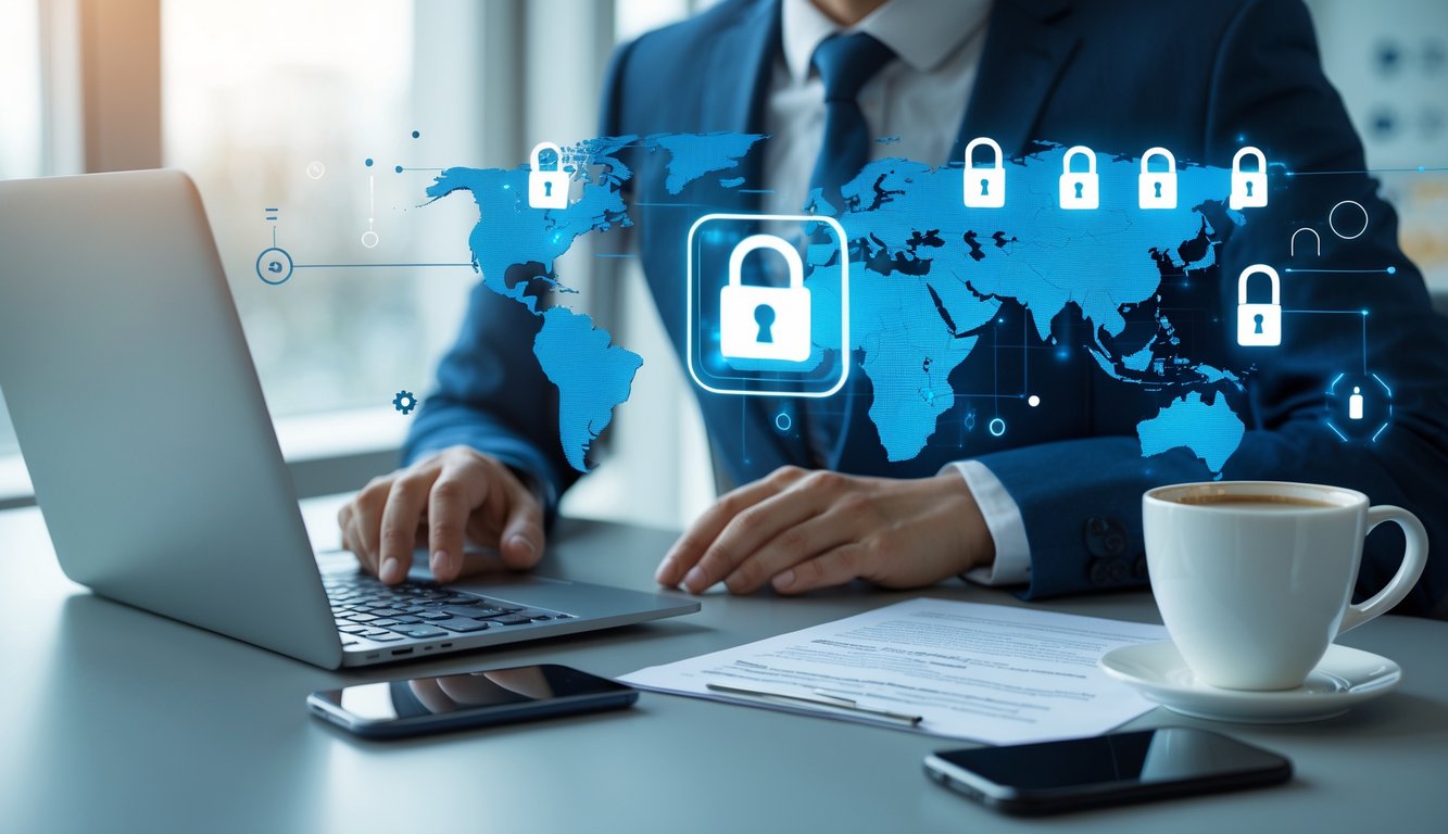 Seorang agen judi togel online bekerja di meja kantor dengan laptop, suasana profesional dan aman.