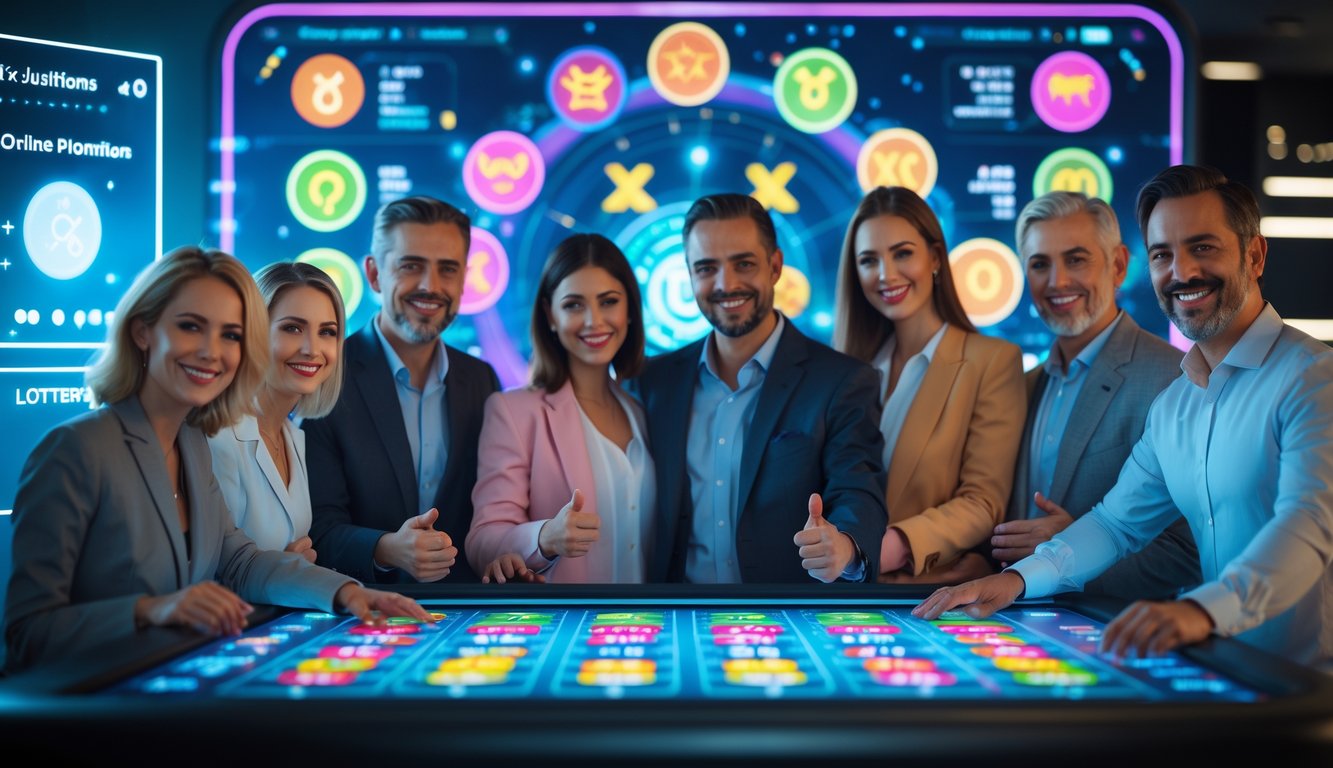 Sekelompok orang dewasa sedang berkumpul di sekitar meja digital dengan tampilan angka togel dan simbol shio yang berwarna-warni.