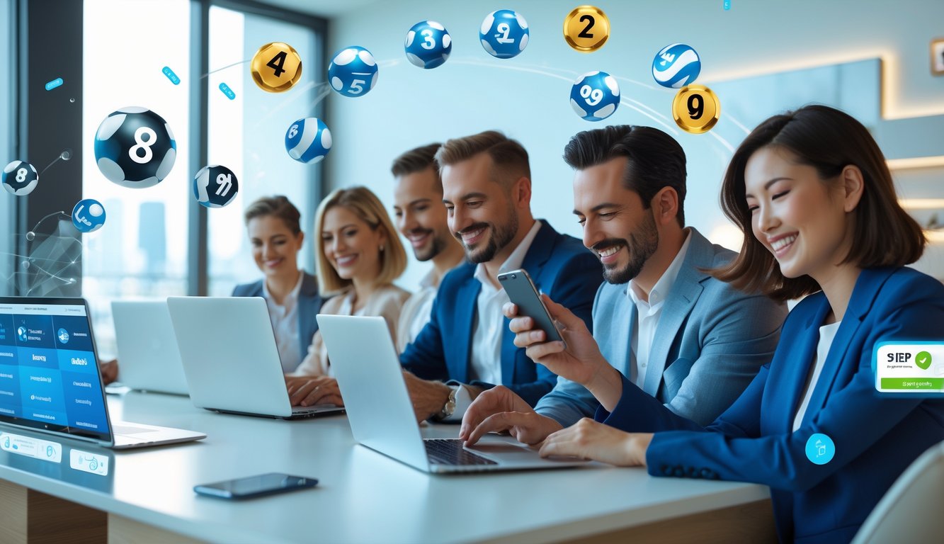 Beberapa orang menggunakan laptop dan ponsel di ruang kerja modern dengan grafik digital angka dan simbol hewan shio di latar belakang.