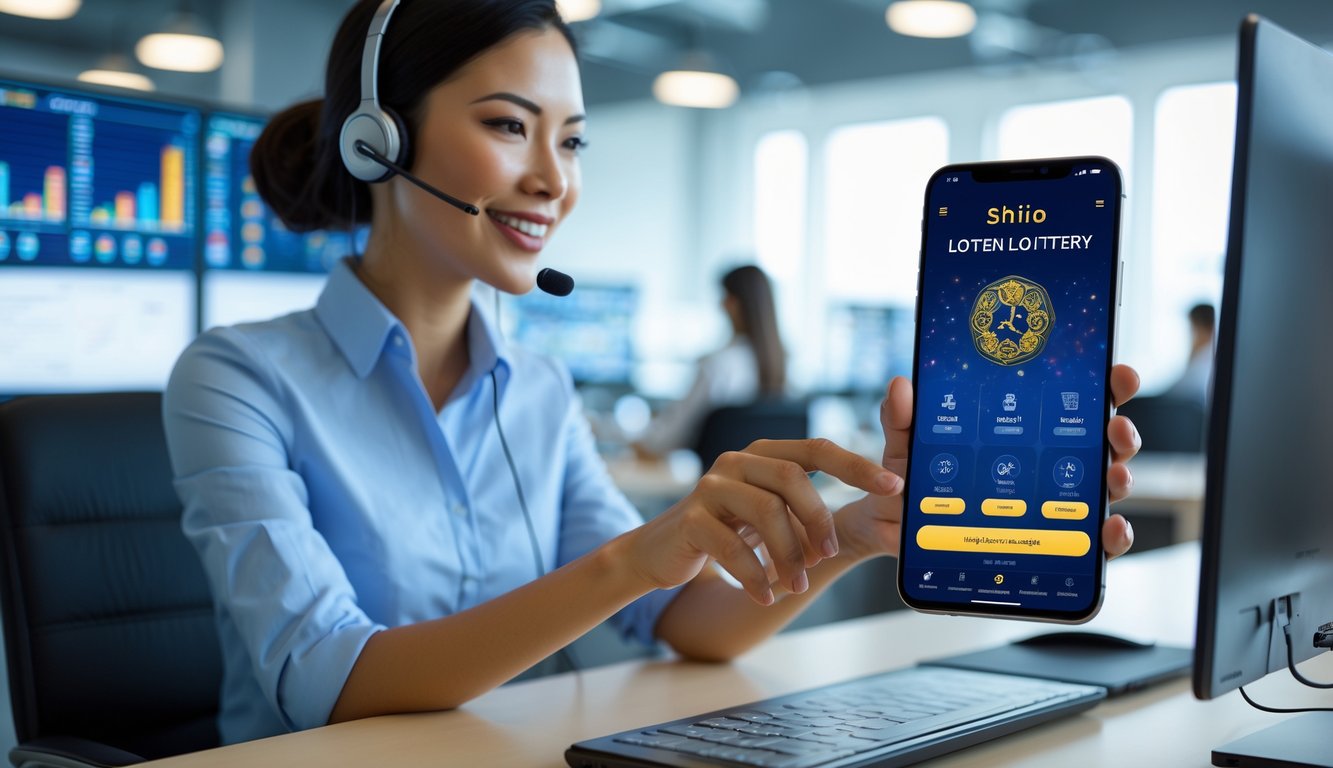 Seorang agen layanan pelanggan yang ramah menggunakan headset dan memegang ponsel dengan tampilan aplikasi judi togel shio yang mudah digunakan di kantor modern.