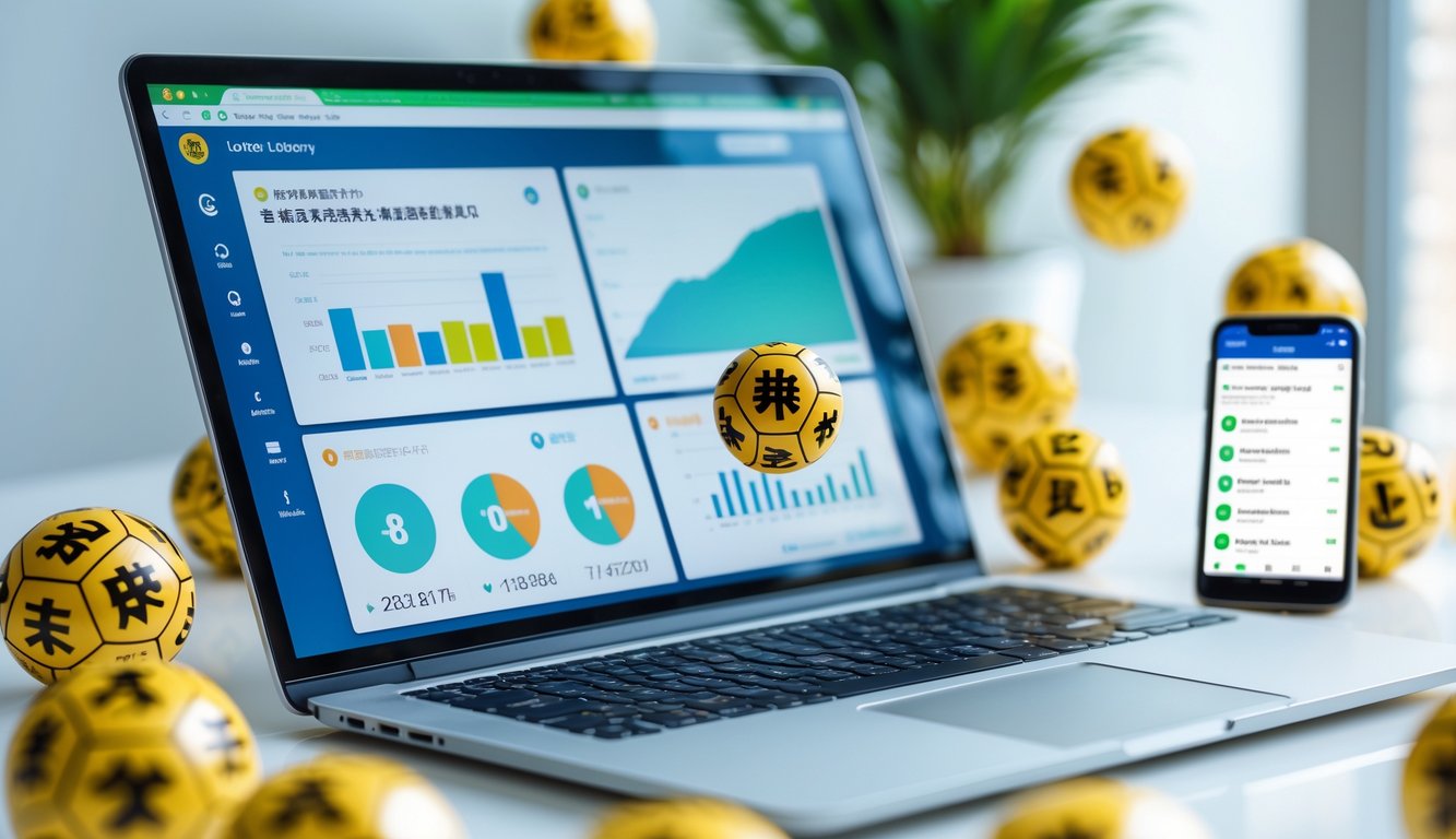 Meja kerja dengan laptop menampilkan situs lotere online dan bola lotere dengan simbol shio di sekitarnya.