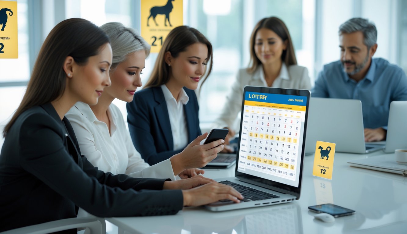 Beberapa orang menggunakan perangkat digital di ruang kerja modern dengan simbol hewan shio di latar belakang.