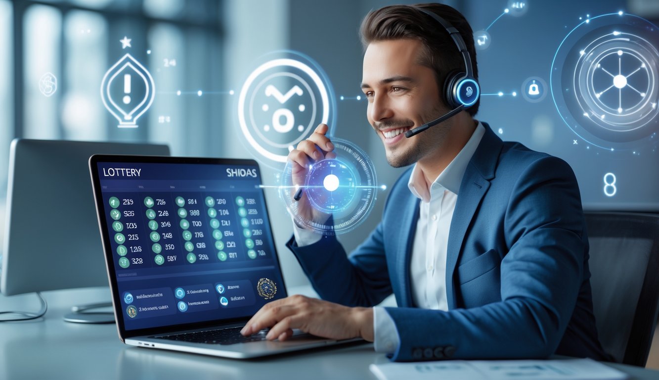 Seorang agen judi togel online yang percaya diri sedang bekerja di kantor modern dengan laptop, mengenakan headset layanan pelanggan, dikelilingi simbol keamanan dan kecepatan.