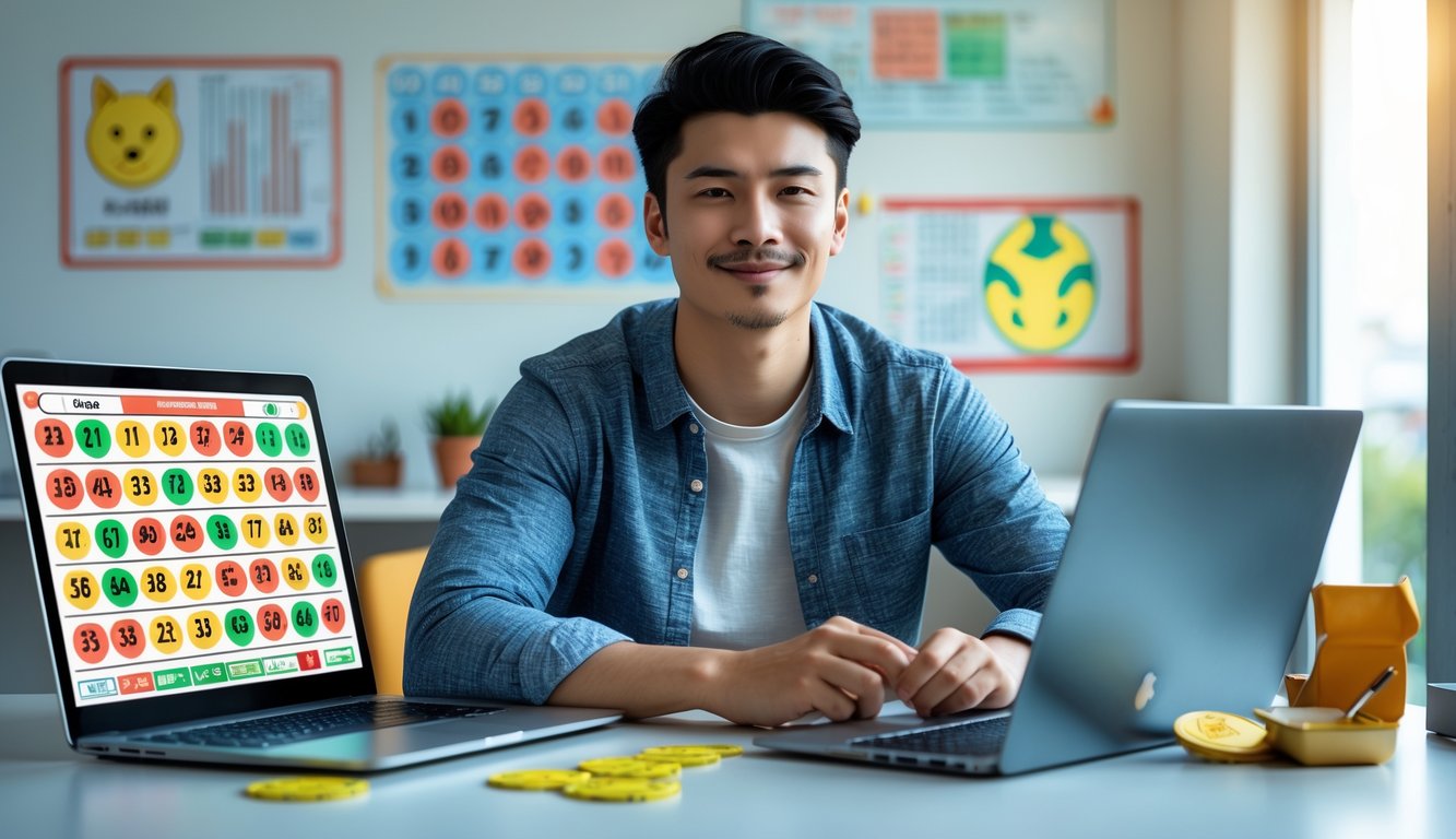 Seseorang duduk di meja dengan laptop dan smartphone yang menampilkan permainan togel online, terlihat fokus dan percaya diri.