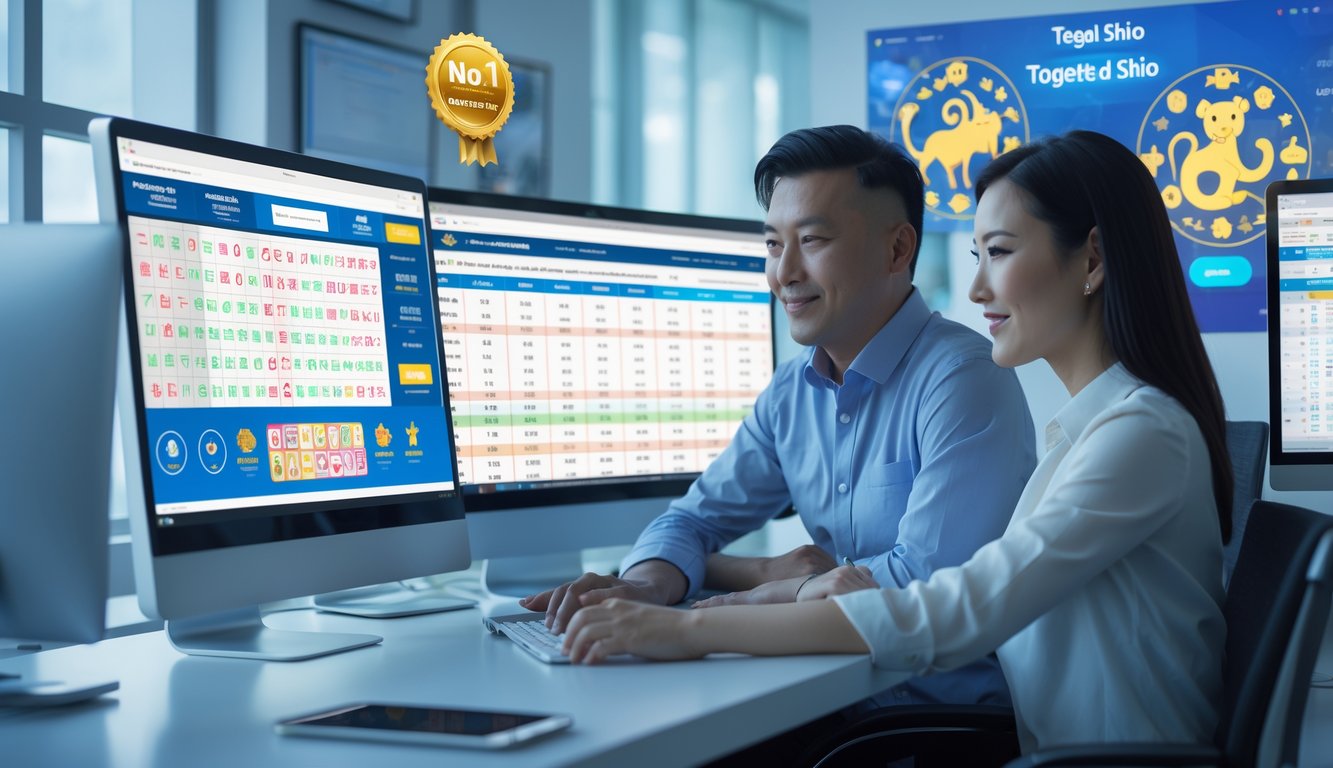 Dua orang dewasa sedang duduk di meja modern dengan beberapa layar komputer menampilkan angka lotre dan grafik, terlihat fokus membahas strategi bermain Togel Shio online.