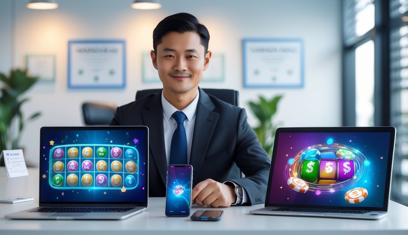 Seorang profesional duduk di meja kantor modern dengan perangkat digital yang menampilkan grafik terkait judi togel, suasana kantor yang terang dan tenang.