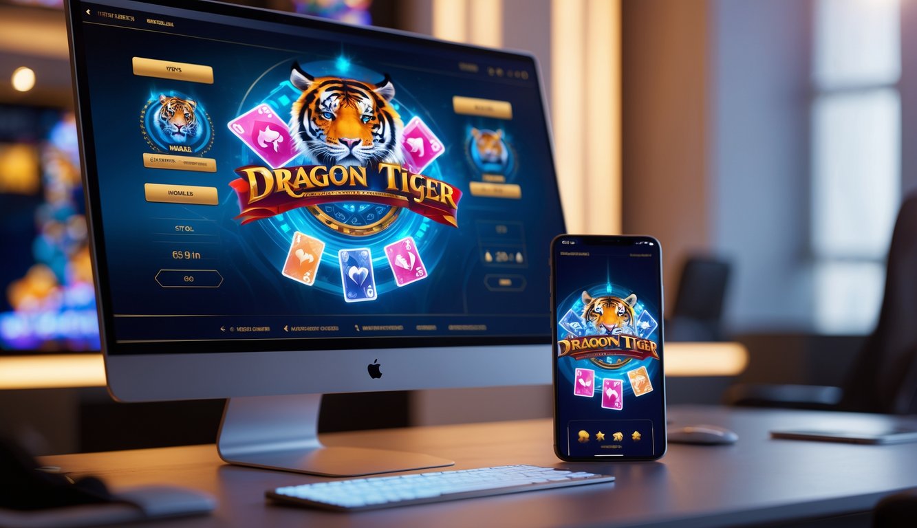 Sebuah setup permainan kasino online Dragon Tiger dengan layar komputer dan ponsel yang menampilkan kartu permainan di sebuah meja kerja yang rapi dan modern.