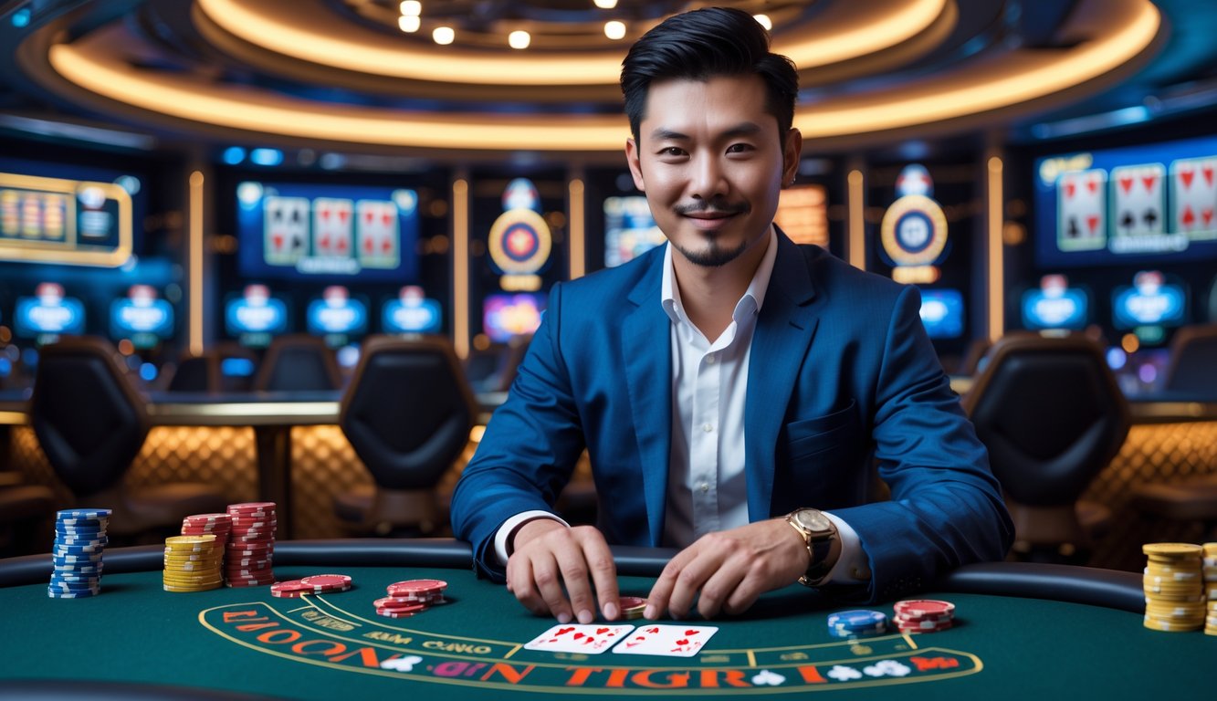 Seorang pria Asia percaya diri duduk di meja kasino modern dengan kartu dan chip, bermain permainan Dragon Tiger di lingkungan kasino online yang mewah.