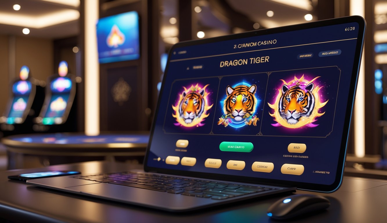 Suasana kasino online modern dengan layar menampilkan grafik permainan Dragon Tiger dan dekorasi mewah di latar belakang.