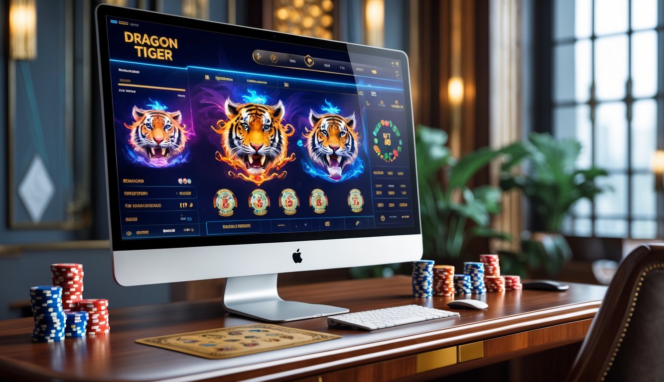 Sebuah meja dengan komputer menampilkan permainan kasino online Dragon Tiger dengan kartu dan chip poker di sekitarnya.
