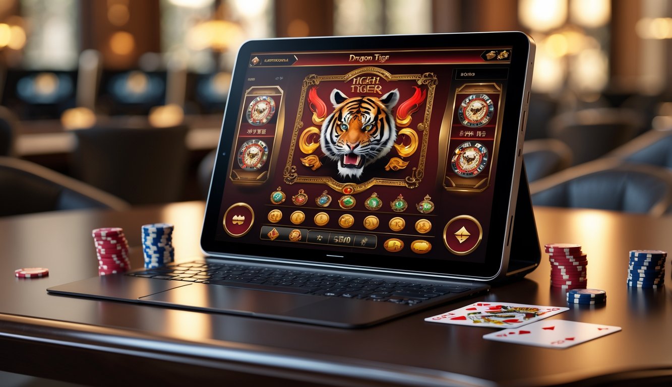 Sebuah layar komputer menampilkan permainan Dragon Tiger dengan latar belakang meja kasino yang rapi dan chip poker.