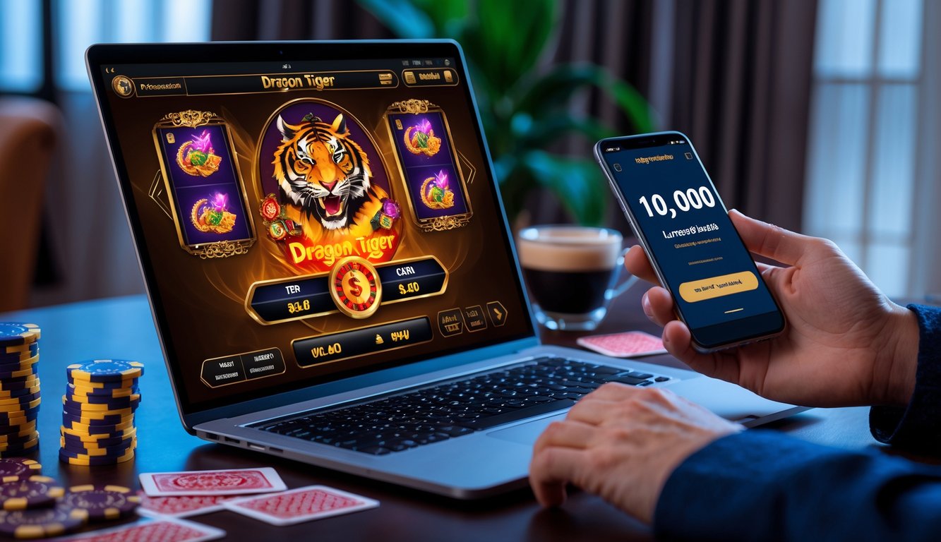 Seseorang menggunakan laptop dan ponsel untuk bermain judi kasino online Dragon Tiger dengan fitur deposit melalui e-wallet.