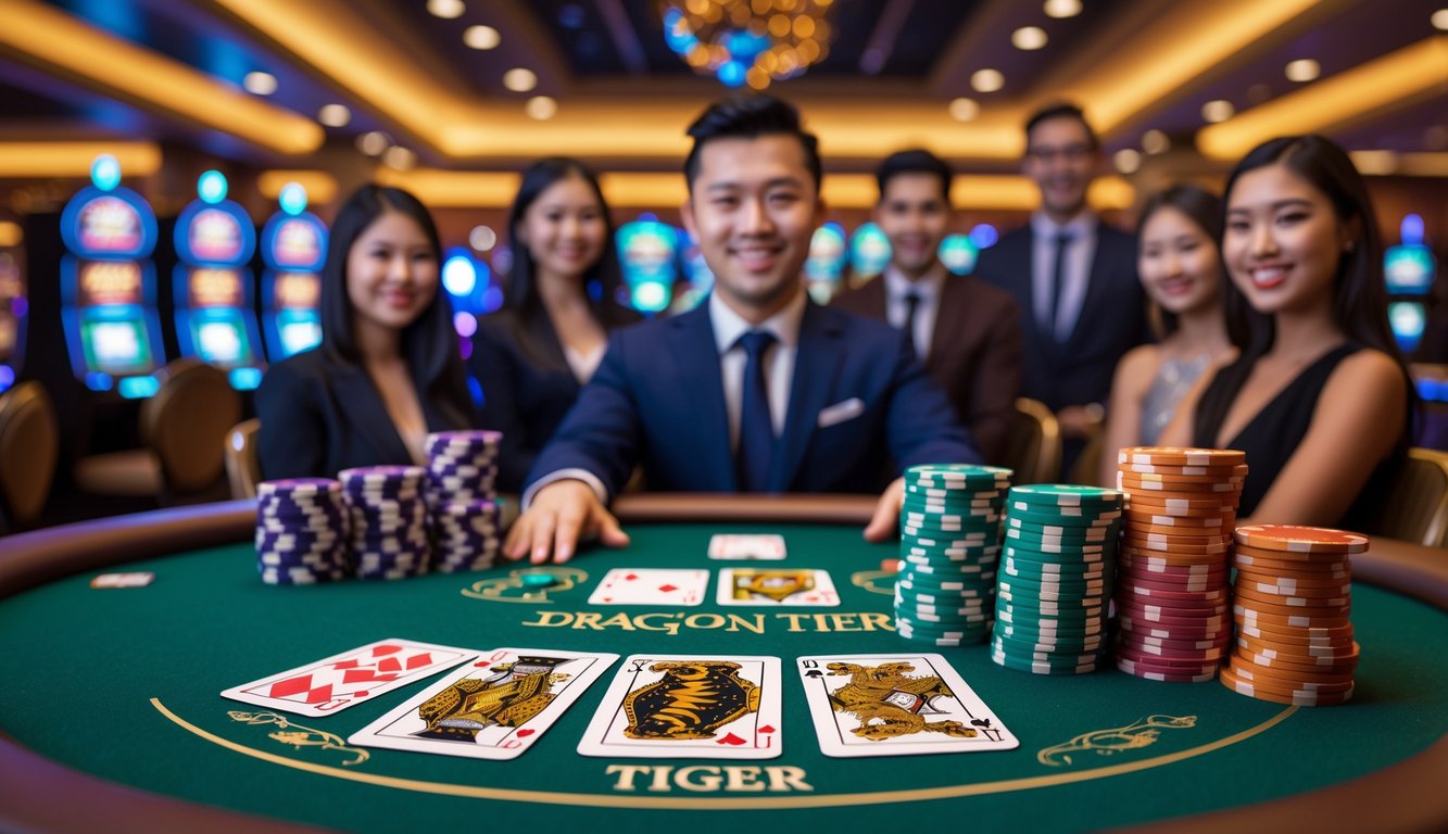 Meja kasino dengan kartu Dragon dan Tiger, tumpukan chip, dan pemain serta dealer yang sedang bermain di lingkungan kasino yang ramai.