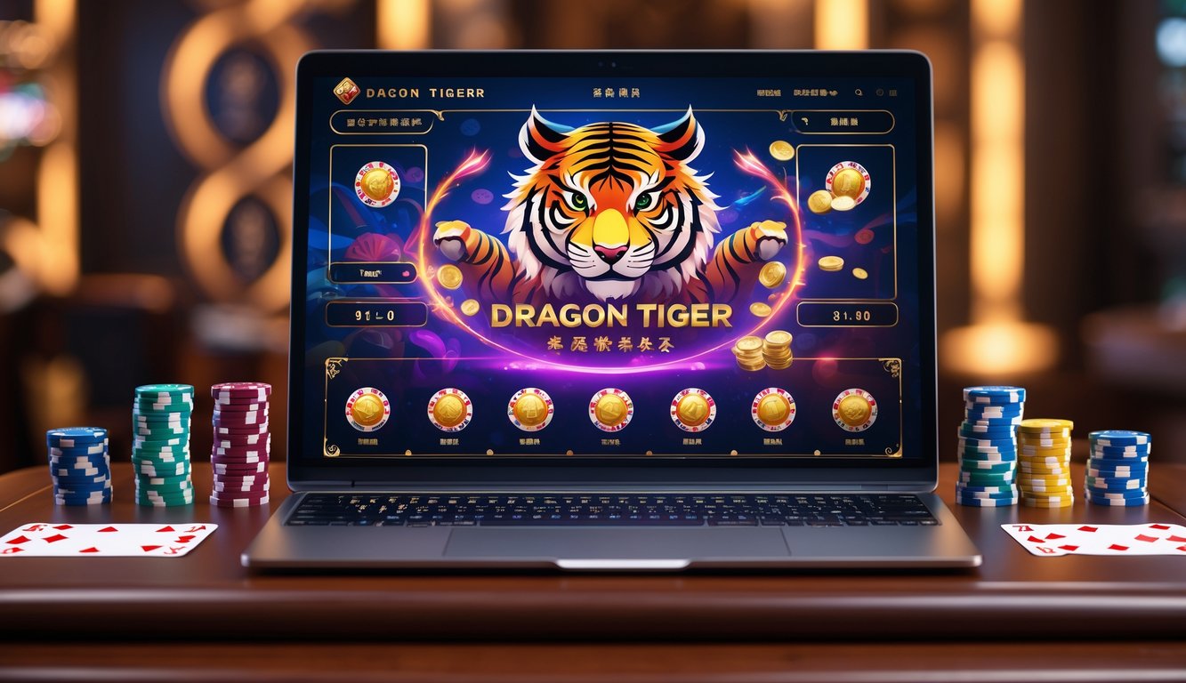 Sebuah komputer dengan tampilan permainan Dragon Tiger dan beberapa chip kasino di atas meja kayu.
