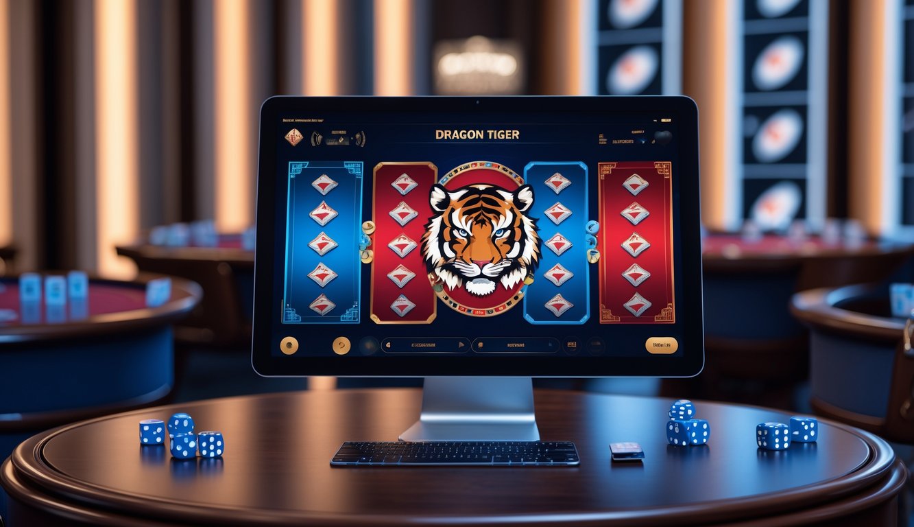 Sebuah meja kasino modern dengan layar digital menampilkan permainan Dragon Tiger, dikelilingi oleh chip poker dan kartu remi.