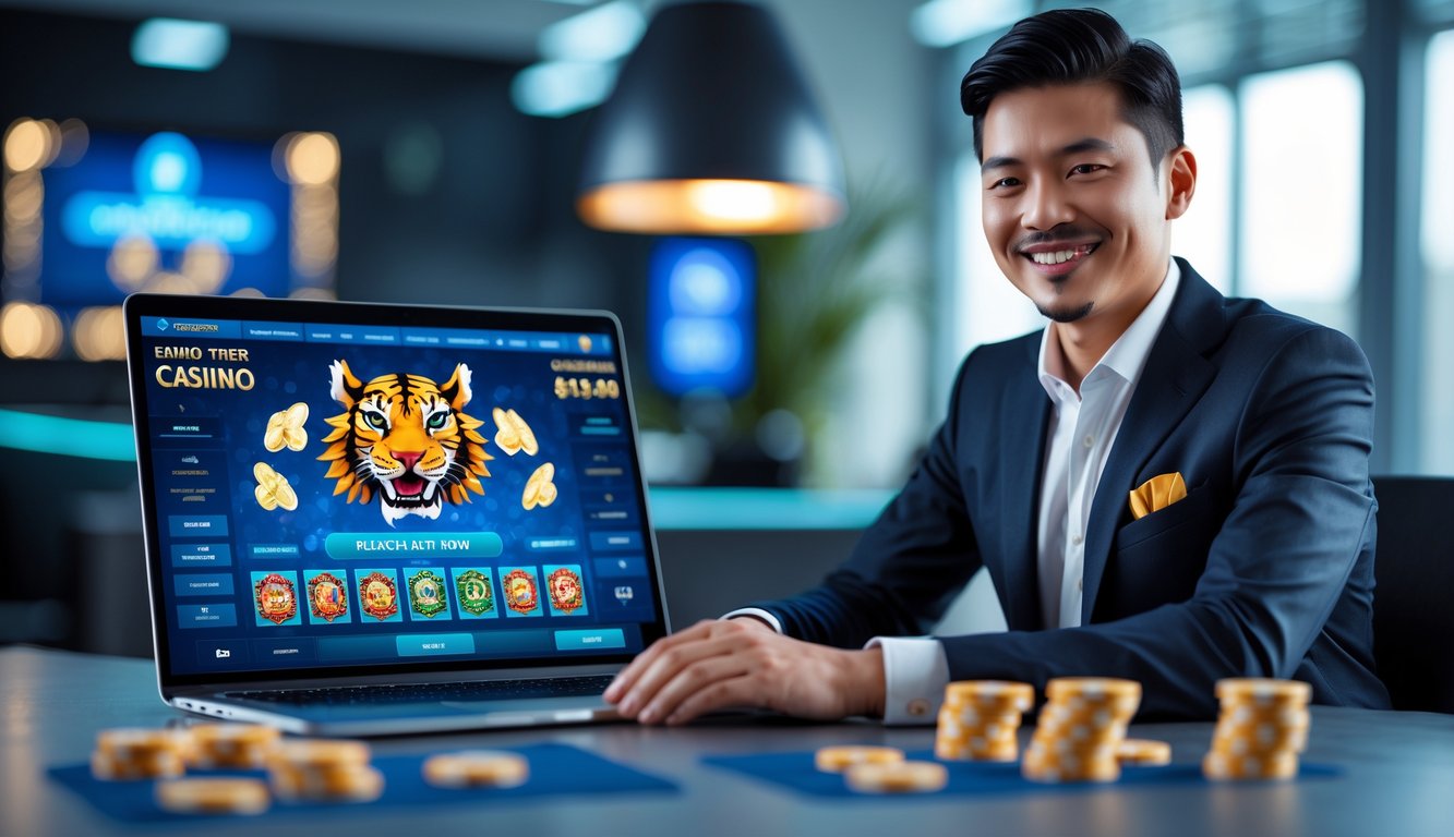 Seorang agen kasino online yang percaya diri sedang bekerja di depan laptop dengan tampilan permainan Dragon Tiger di layar, di ruang kantor modern yang terang dan rapi.