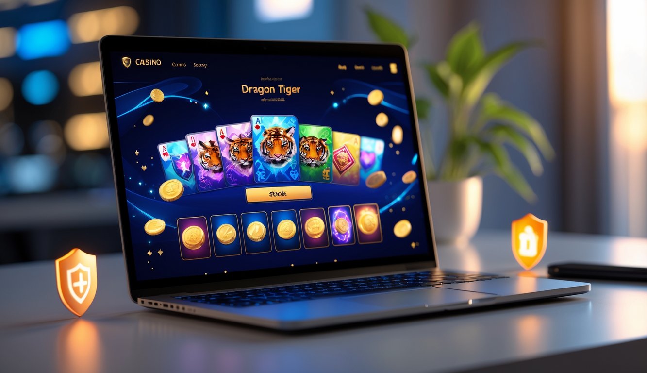 Sebuah laptop menampilkan permainan Dragon Tiger di kasino online dengan suasana yang profesional dan terpercaya.