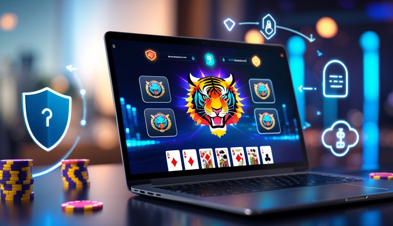 Sebuah meja dengan komputer menampilkan permainan kasino Dragon Tiger dan simbol keamanan di sekitarnya.