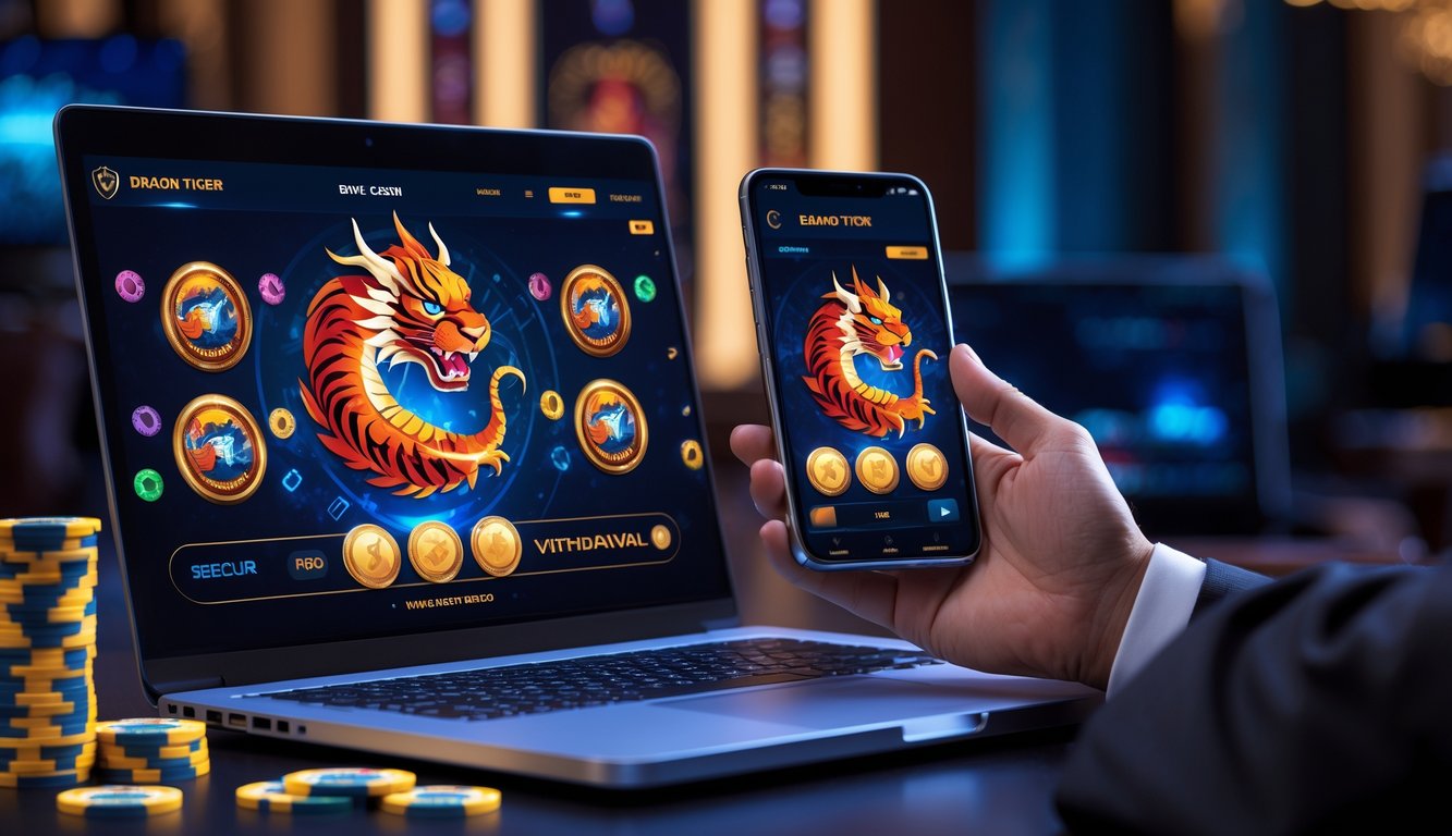 Seseorang menggunakan laptop dan ponsel dengan tampilan permainan Dragon Tiger di kasino online.