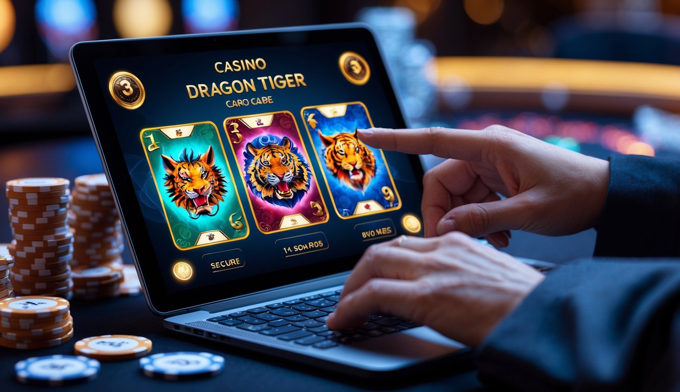 Seseorang menggunakan perangkat digital untuk bermain permainan kartu Dragon Tiger di kasino online dengan suasana yang modern dan profesional.