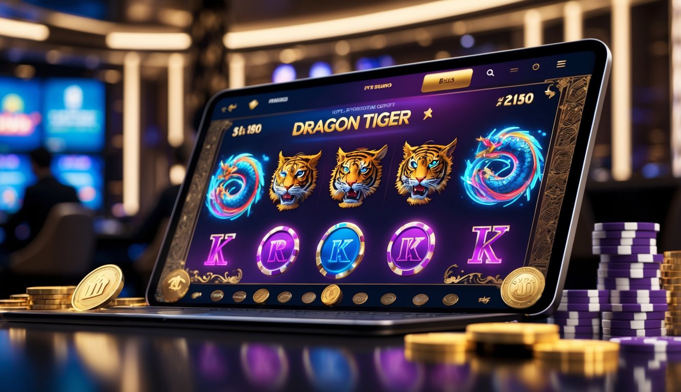 Suasana kasino online dengan layar menampilkan permainan Dragon Tiger dan simbol keberuntungan, dikelilingi oleh chip dan medali sebagai tanda kepercayaan.