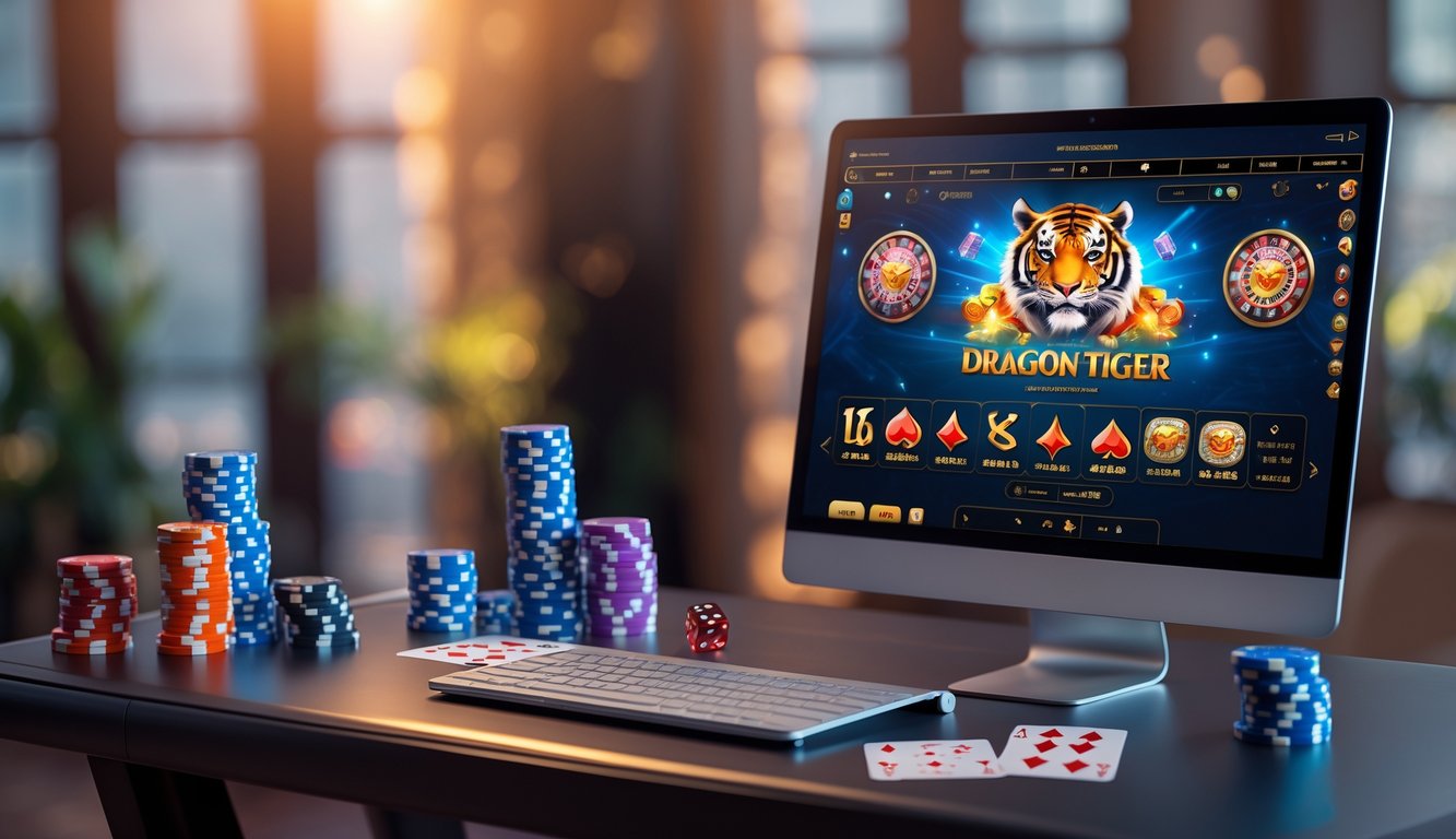 Sebuah laptop menampilkan permainan Dragon Tiger dengan kartu dan chip kasino di atas meja, menciptakan suasana kasino online yang profesional dan terpercaya.