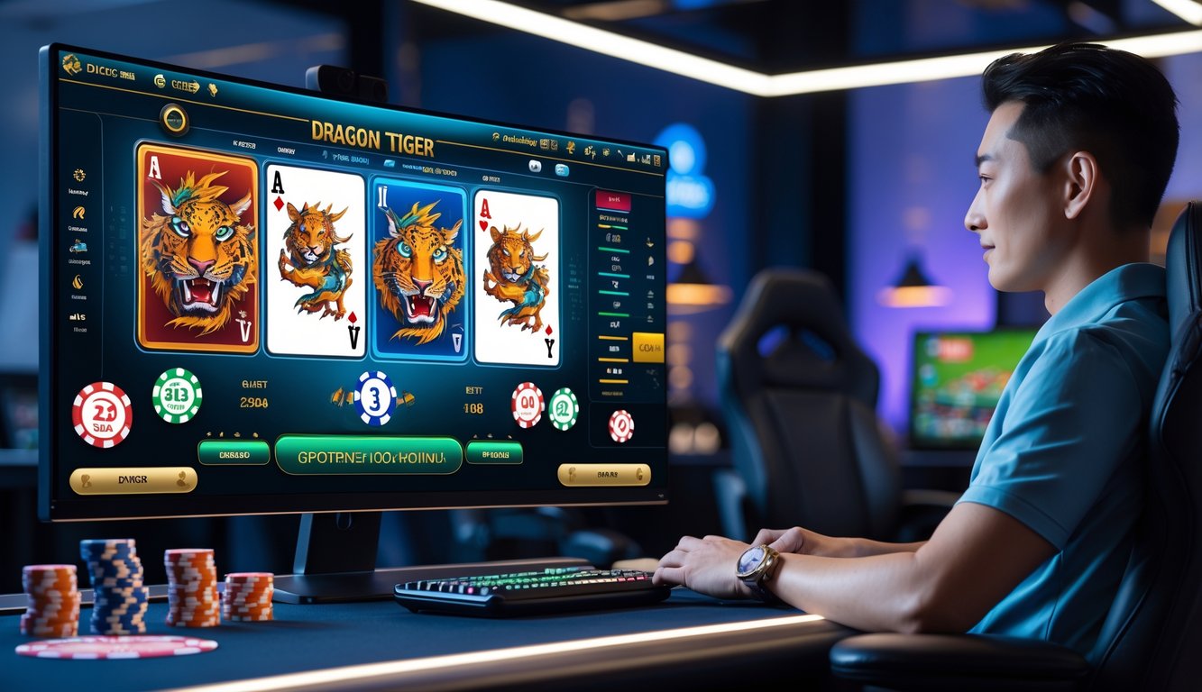 Seseorang sedang bermain permainan kartu Dragon Tiger di komputer dengan suasana ruang modern dan peralatan judi online.