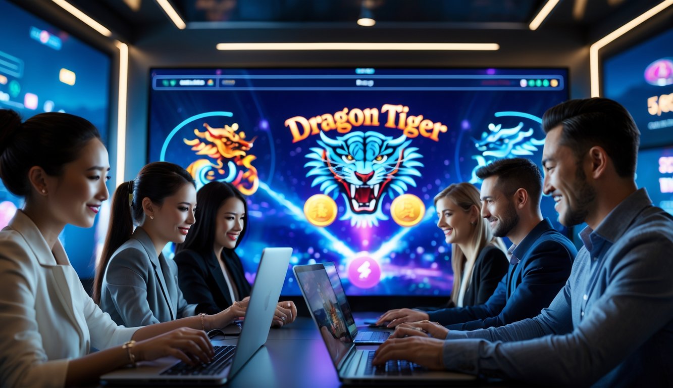 Orang-orang yang sedang bermain permainan kasino online Dragon Tiger dengan perangkat digital dalam suasana yang modern dan nyaman.