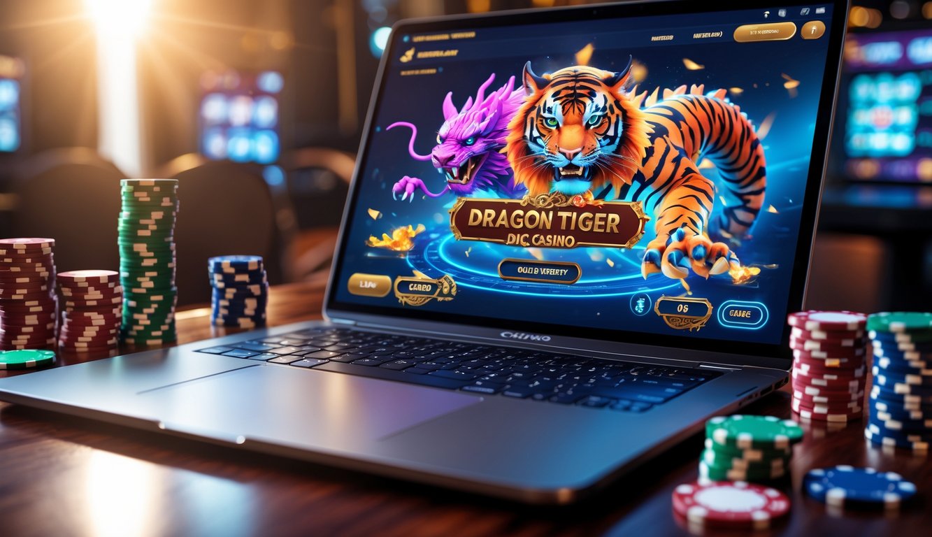 Sebuah laptop menampilkan permainan Dragon Tiger dengan chip poker dan kartu di atas meja kayu.