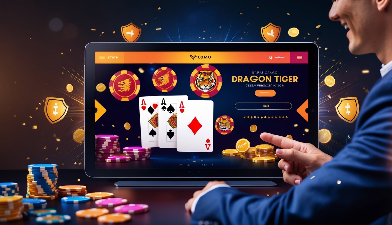 Seseorang menggunakan tablet dengan tampilan permainan kasino online Dragon Tiger dan chip kasino berwarna-warni di layar.