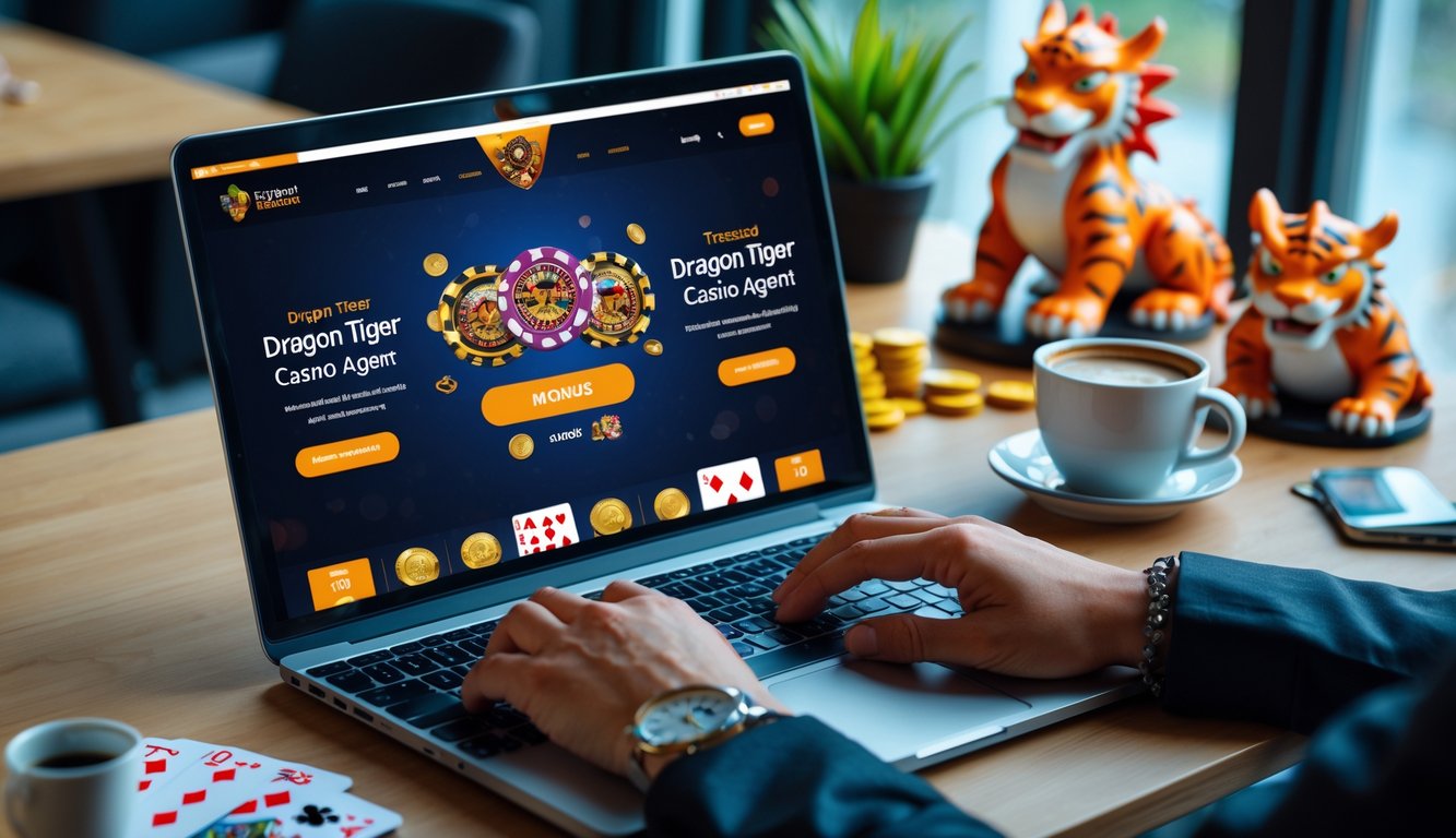 Seseorang sedang mendaftar di situs kasino online Dragon Tiger menggunakan laptop di meja kerja yang rapi.