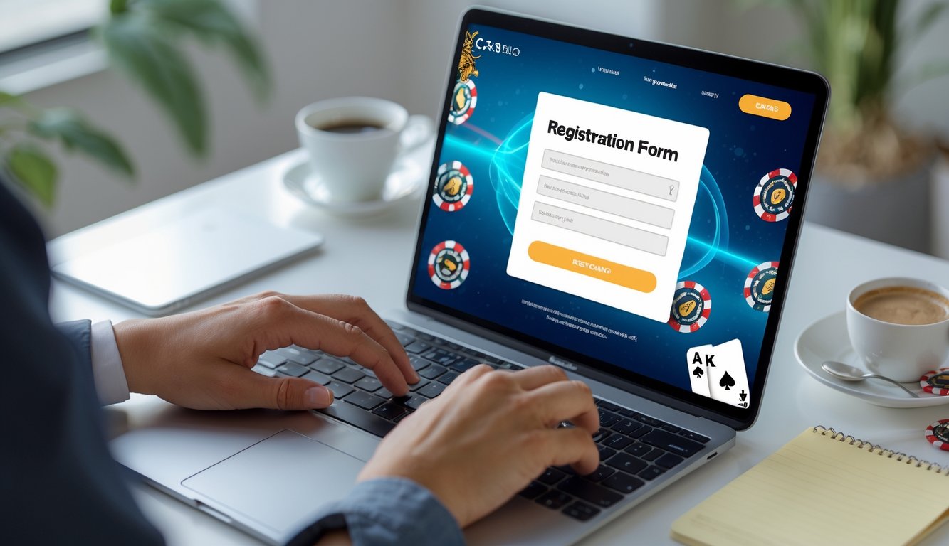 Seseorang sedang menggunakan laptop untuk mendaftar di situs kasino online dengan latar belakang elemen permainan kasino seperti kartu dan chip.