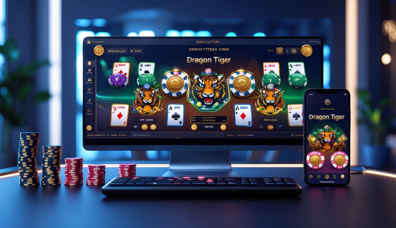 Tampilan modern permainan kartu Dragon Tiger di layar komputer dan ponsel dengan tumpukan chip poker di atas meja.