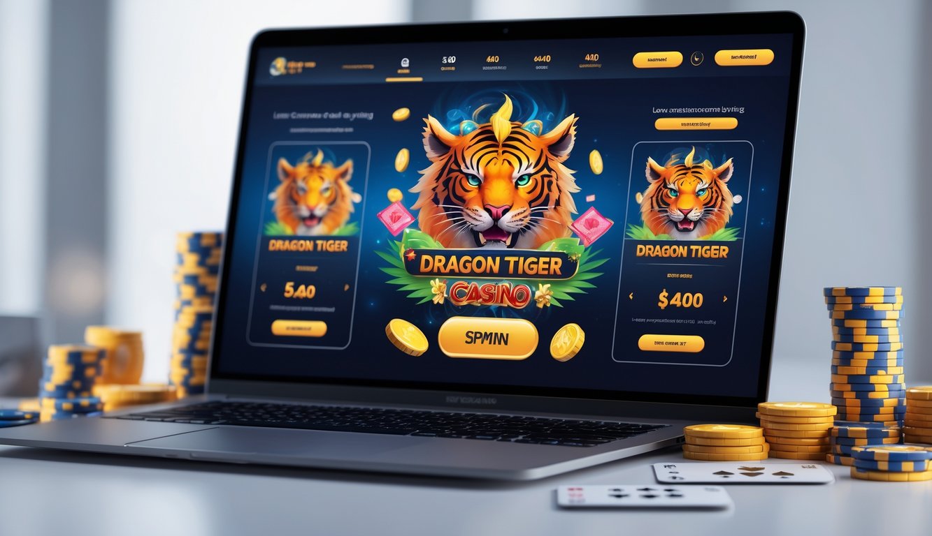 Sebuah layar komputer menampilkan permainan Dragon Tiger dengan simbol naga dan harimau, dikelilingi oleh chip judi dan kartu remi dalam suasana profesional.