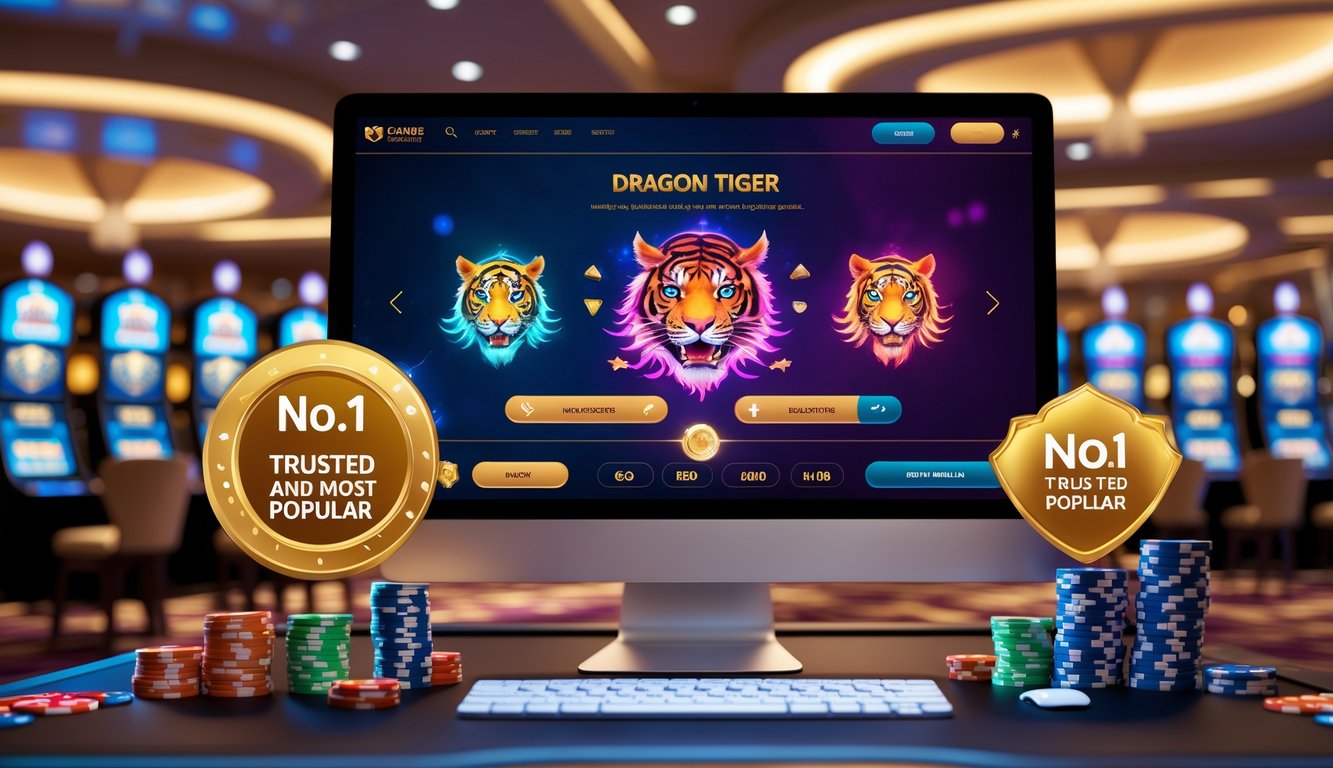 Suasana kasino online modern dengan layar komputer menampilkan permainan Dragon Tiger dan elemen yang menunjukkan kepercayaan dan popularitas.