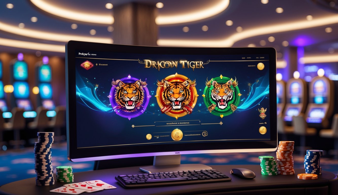Suasana kasino online modern dengan layar menampilkan permainan Dragon Tiger dan simbol naga serta harimau, dikelilingi chip poker dan kartu remi.