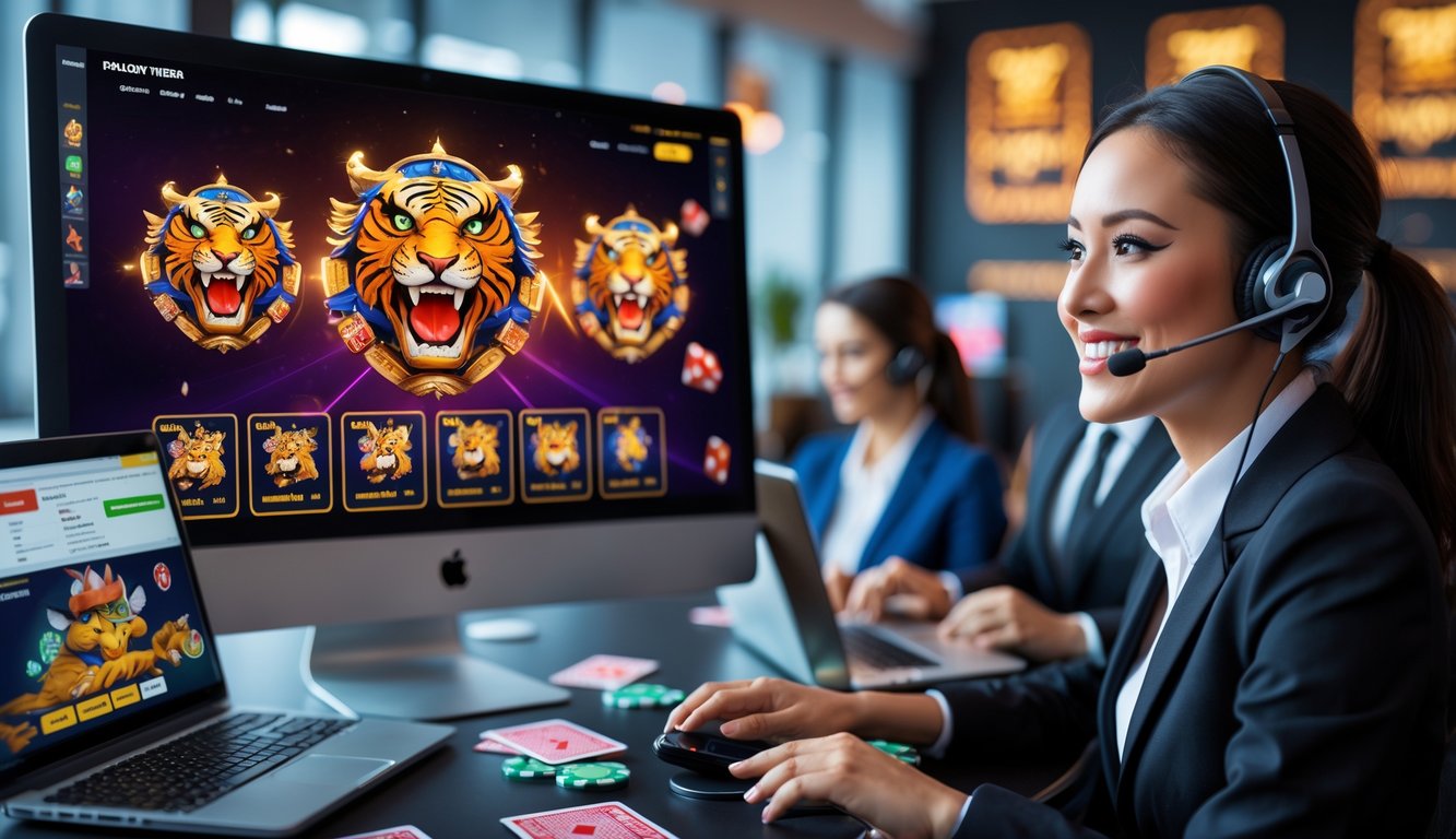 Seorang perwakilan layanan pelanggan yang ramah membantu beberapa pelanggan melalui perangkat elektronik di lingkungan kantor modern kasino online.