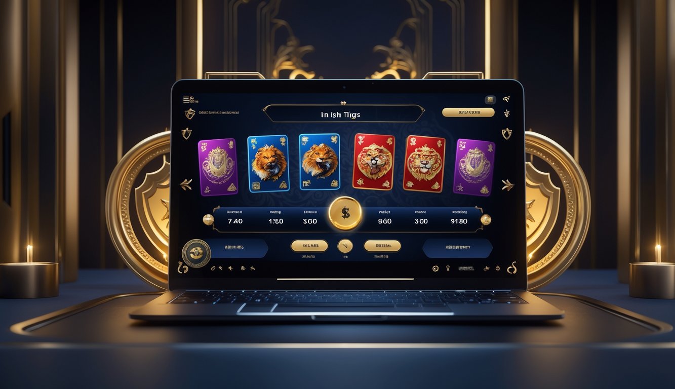 Sebuah pemandangan meja kasino online dengan layar menampilkan kartu Dragon Tiger dan elemen simbol kepercayaan.