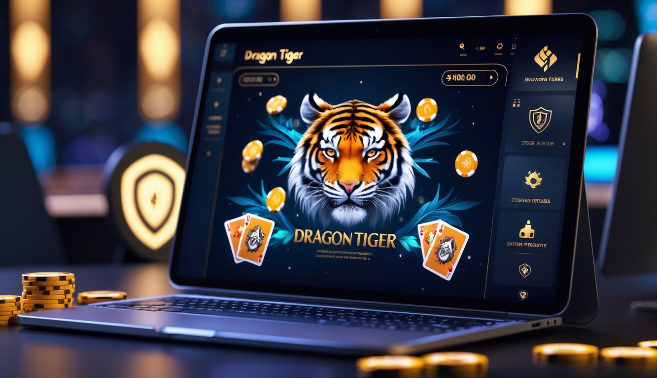 Suasana permainan kasino online Dragon Tiger dengan layar perangkat modern menampilkan kartu dan chip, serta simbol keamanan di latar belakang.