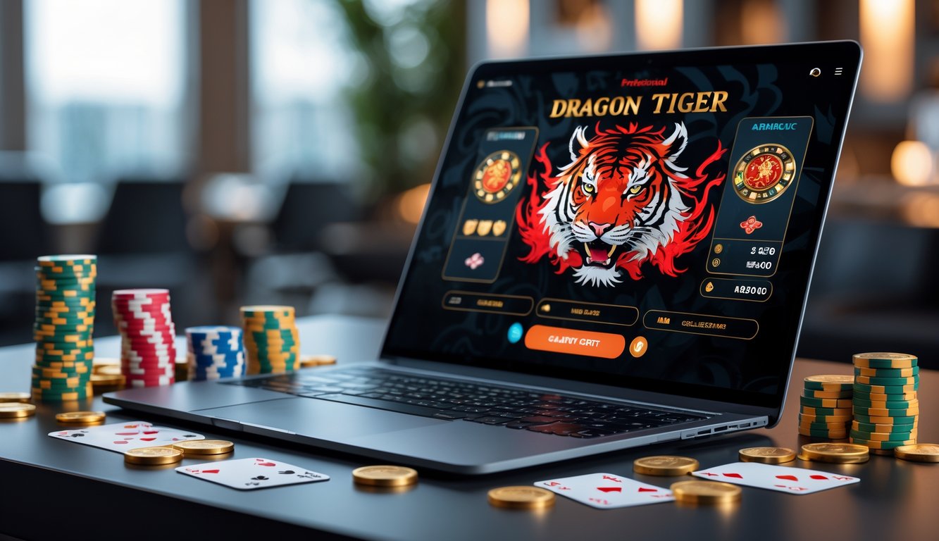 Seseorang menggunakan laptop dengan permainan kasino Dragon Tiger di layar, dikelilingi oleh chip poker dan koin emas di atas meja.