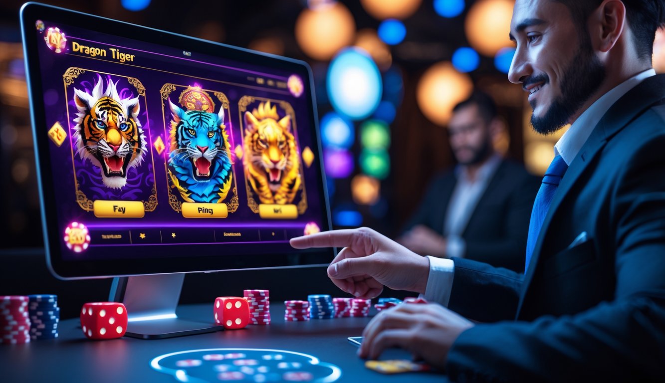 Seorang pria berpakaian rapi sedang menggunakan layar sentuh dengan tampilan kartu Dragon dan Tiger di lingkungan kasino online modern.
