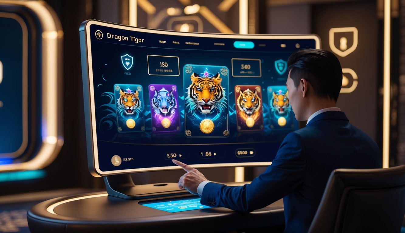 Seseorang menggunakan antarmuka permainan kasino online Dragon Tiger di monitor besar dalam ruangan dengan pencahayaan biru dan emas.