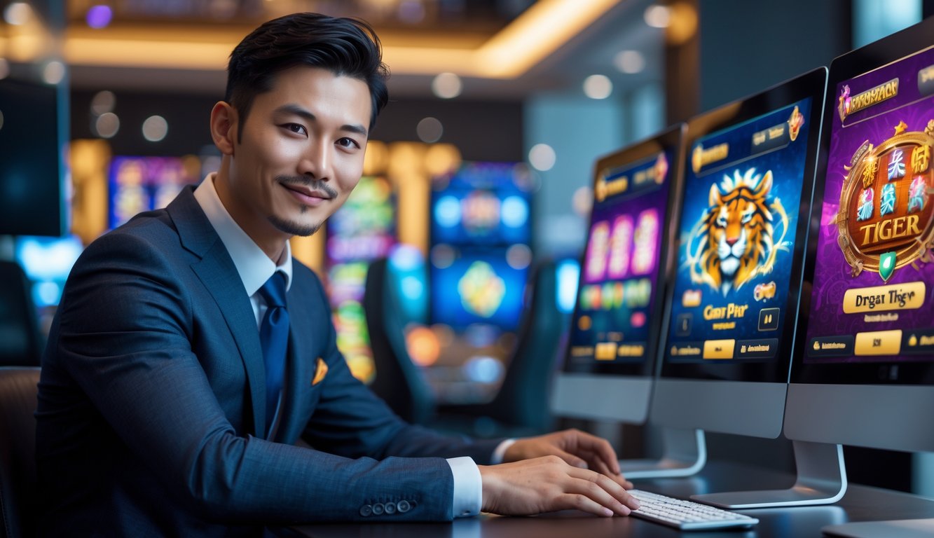 Seorang pria Asia berpakaian rapi duduk di meja modern dengan beberapa layar digital yang menampilkan permainan kasino online Dragon Tiger.