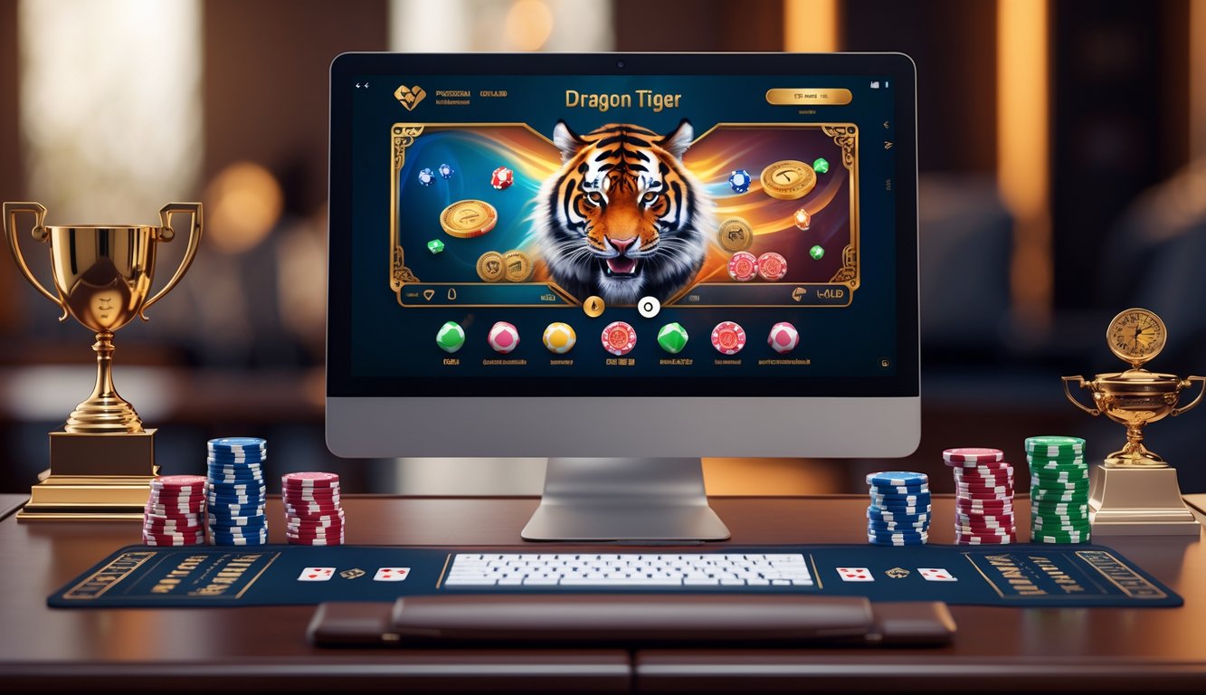 Suasana kasino online profesional dengan layar perangkat yang menampilkan permainan Dragon Tiger dan elemen kasino seperti chip dan kartu di atas meja kayu.