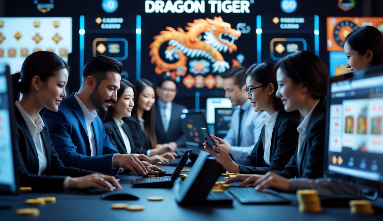 Sekelompok profesional sedang bermain dan berdiskusi tentang permainan kasino online Dragon Tiger di depan layar komputer dan perangkat mobile.